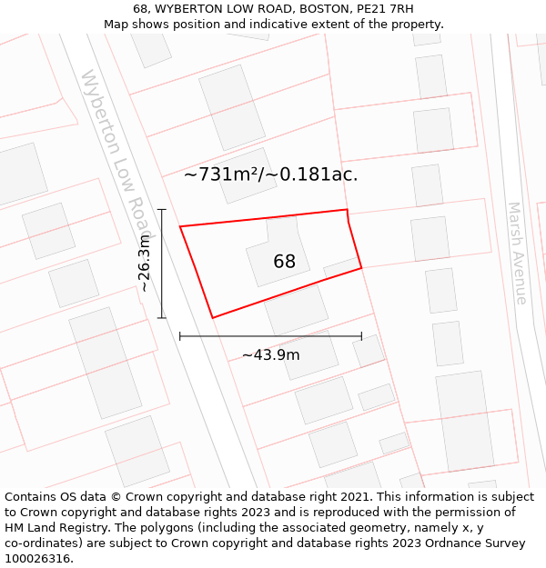 68, WYBERTON LOW ROAD, BOSTON, PE21 7RH: Plot and title map