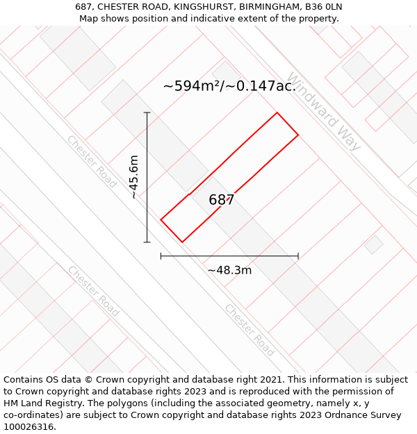 687, CHESTER ROAD, KINGSHURST, BIRMINGHAM, B36 0LN: Plot and title map