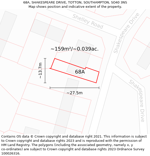 68A, SHAKESPEARE DRIVE, TOTTON, SOUTHAMPTON, SO40 3NS: Plot and title map