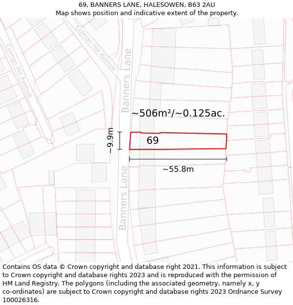 69, BANNERS LANE, HALESOWEN, B63 2AU: Plot and title map