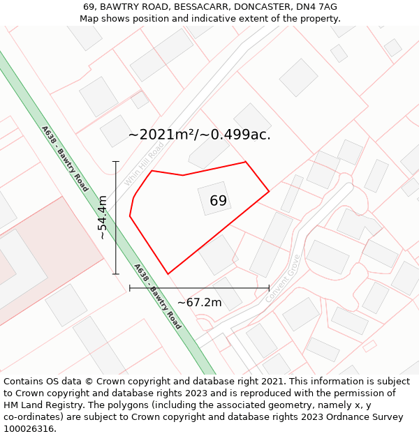 69, BAWTRY ROAD, BESSACARR, DONCASTER, DN4 7AG: Plot and title map