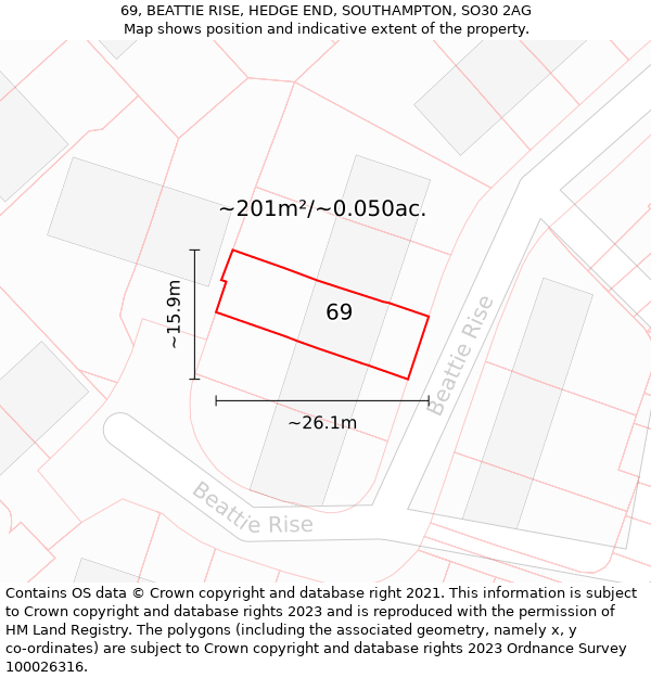 69, BEATTIE RISE, HEDGE END, SOUTHAMPTON, SO30 2AG: Plot and title map