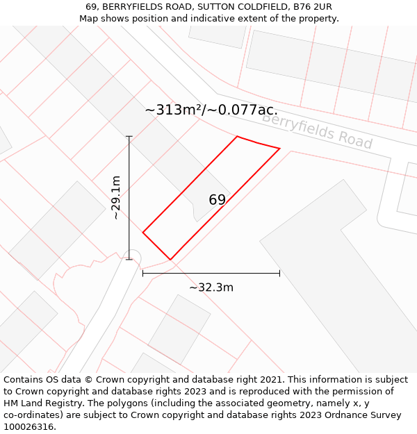 69, BERRYFIELDS ROAD, SUTTON COLDFIELD, B76 2UR: Plot and title map