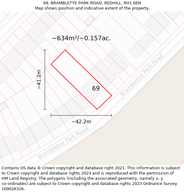 69, BRAMBLETYE PARK ROAD, REDHILL, RH1 6EN: Plot and title map