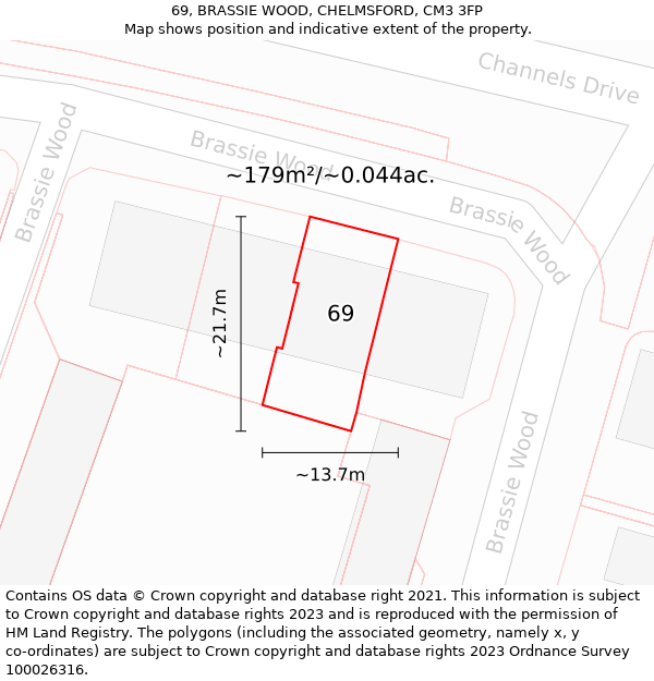 69, BRASSIE WOOD, CHELMSFORD, CM3 3FP: Plot and title map