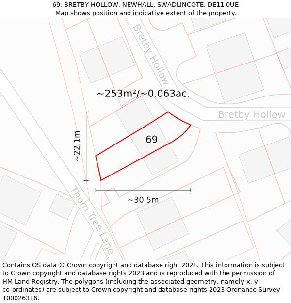 69, BRETBY HOLLOW, NEWHALL, SWADLINCOTE, DE11 0UE: Plot and title map