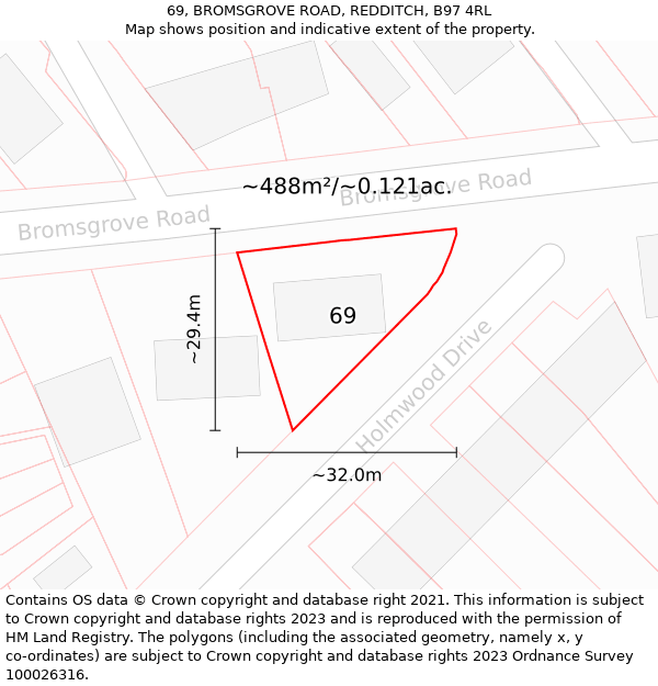 69, BROMSGROVE ROAD, REDDITCH, B97 4RL: Plot and title map