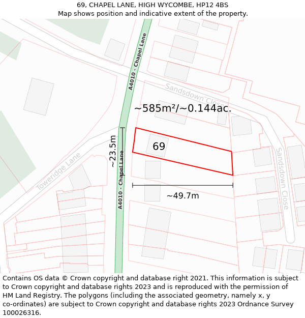 69, CHAPEL LANE, HIGH WYCOMBE, HP12 4BS: Plot and title map