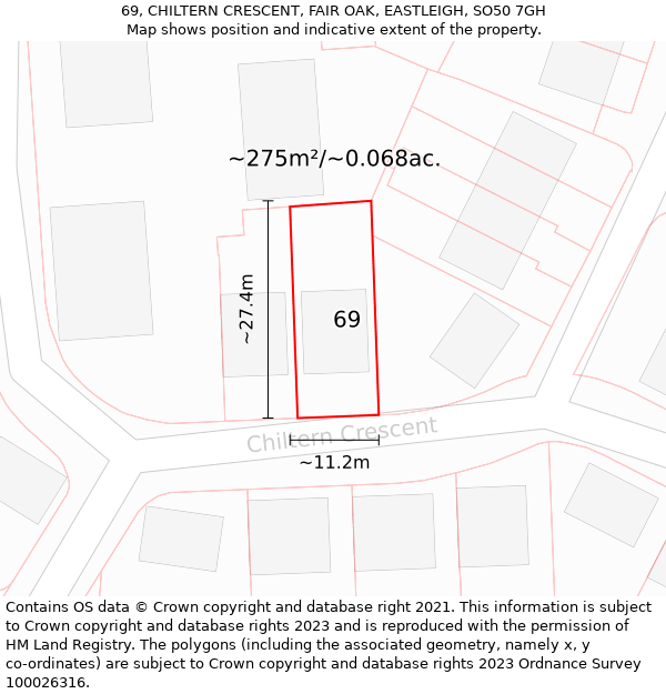 69, CHILTERN CRESCENT, FAIR OAK, EASTLEIGH, SO50 7GH: Plot and title map