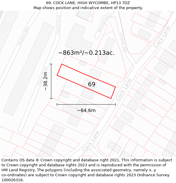 69, COCK LANE, HIGH WYCOMBE, HP13 7DZ: Plot and title map