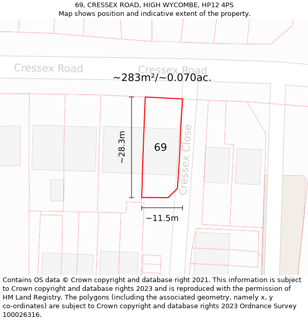 69, CRESSEX ROAD, HIGH WYCOMBE, HP12 4PS: Plot and title map