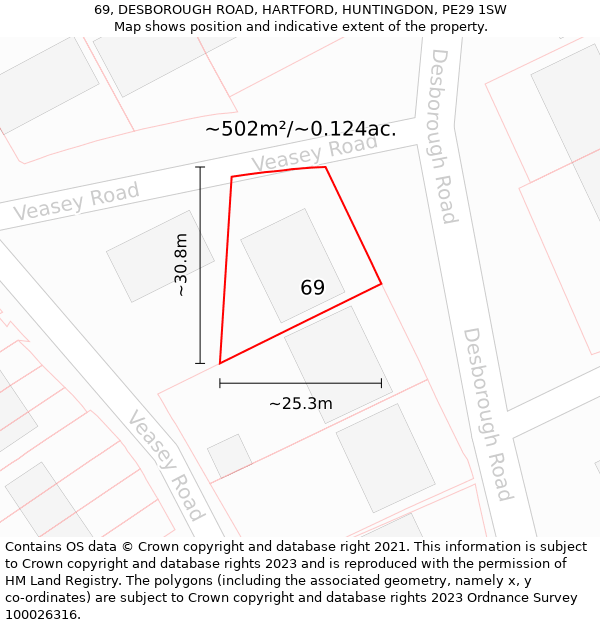 69, DESBOROUGH ROAD, HARTFORD, HUNTINGDON, PE29 1SW: Plot and title map