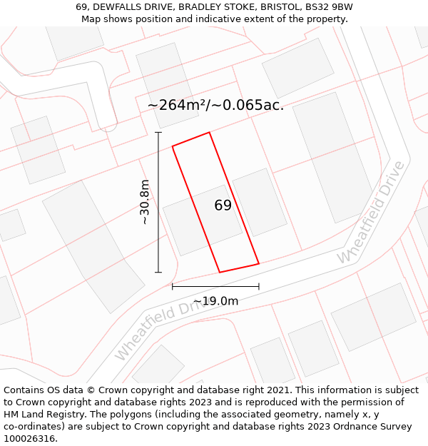 69, DEWFALLS DRIVE, BRADLEY STOKE, BRISTOL, BS32 9BW: Plot and title map