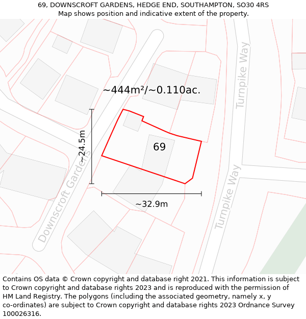 69, DOWNSCROFT GARDENS, HEDGE END, SOUTHAMPTON, SO30 4RS: Plot and title map