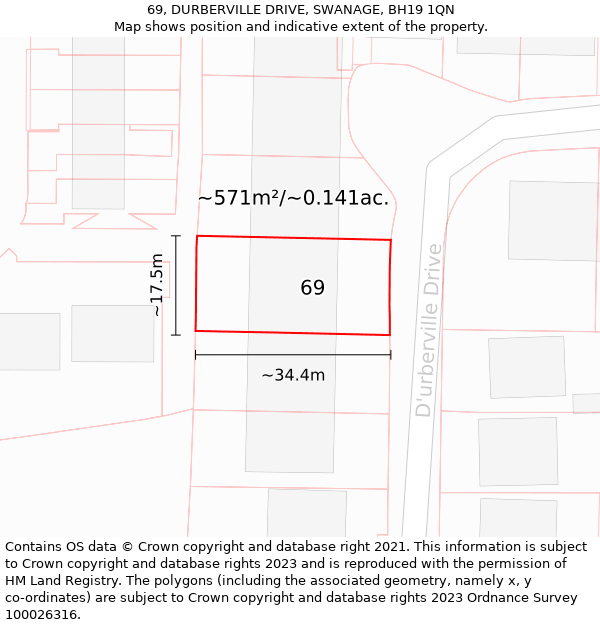 69, DURBERVILLE DRIVE, SWANAGE, BH19 1QN: Plot and title map