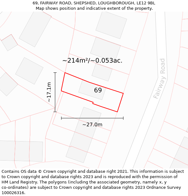 69, FAIRWAY ROAD, SHEPSHED, LOUGHBOROUGH, LE12 9BL: Plot and title map