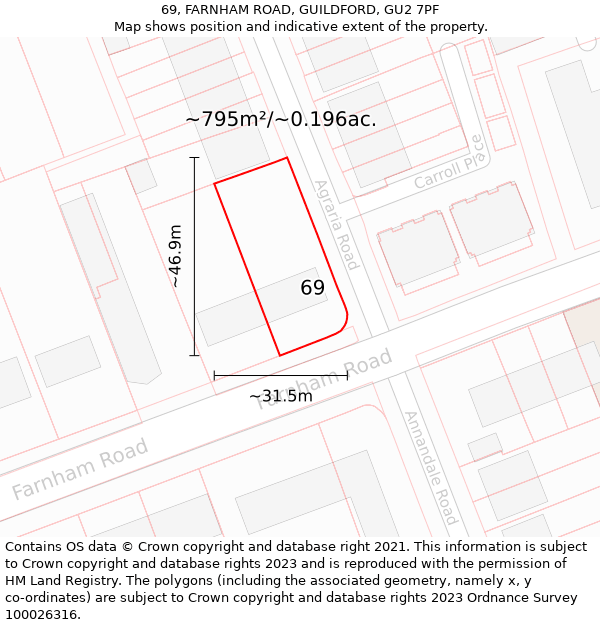 69, FARNHAM ROAD, GUILDFORD, GU2 7PF: Plot and title map