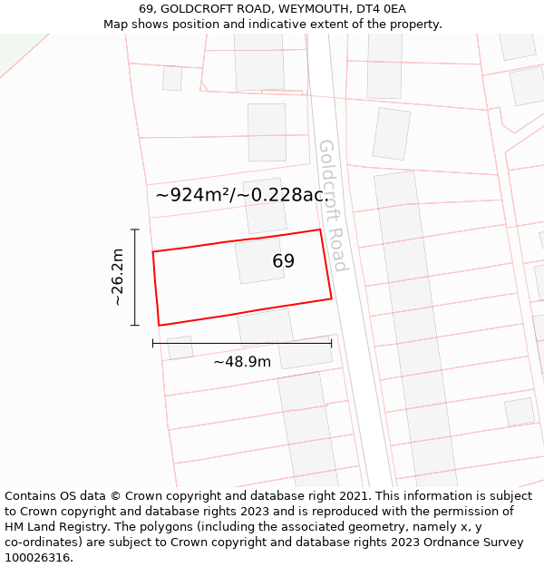 69, GOLDCROFT ROAD, WEYMOUTH, DT4 0EA: Plot and title map