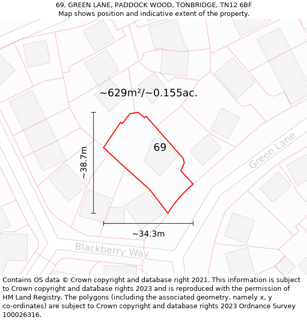 69, GREEN LANE, PADDOCK WOOD, TONBRIDGE, TN12 6BF: Plot and title map