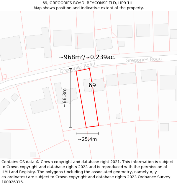 69, GREGORIES ROAD, BEACONSFIELD, HP9 1HL: Plot and title map