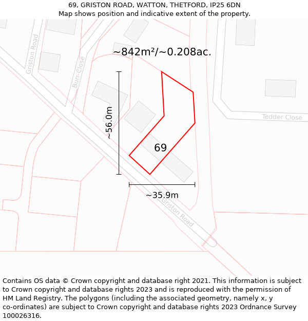 69, GRISTON ROAD, WATTON, THETFORD, IP25 6DN: Plot and title map