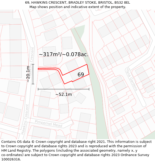 69, HAWKINS CRESCENT, BRADLEY STOKE, BRISTOL, BS32 8EL: Plot and title map