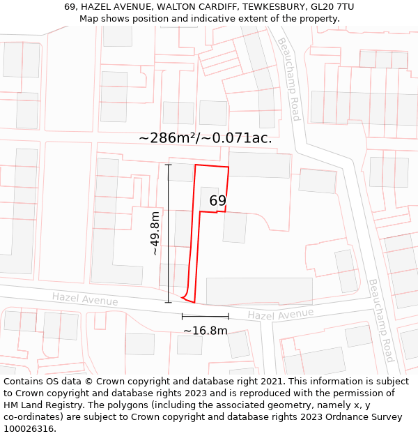 69, HAZEL AVENUE, WALTON CARDIFF, TEWKESBURY, GL20 7TU: Plot and title map