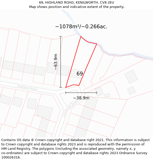 69, HIGHLAND ROAD, KENILWORTH, CV8 2EU: Plot and title map