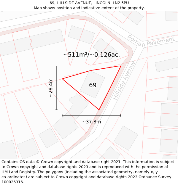 69, HILLSIDE AVENUE, LINCOLN, LN2 5PU: Plot and title map