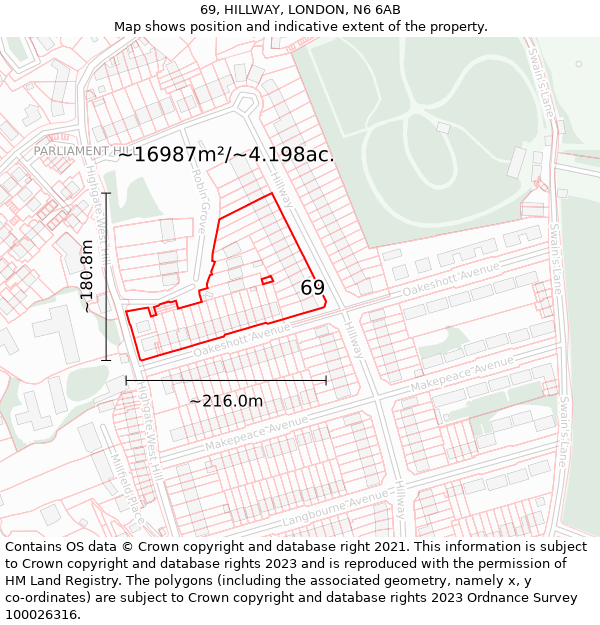 69, HILLWAY, LONDON, N6 6AB: Plot and title map