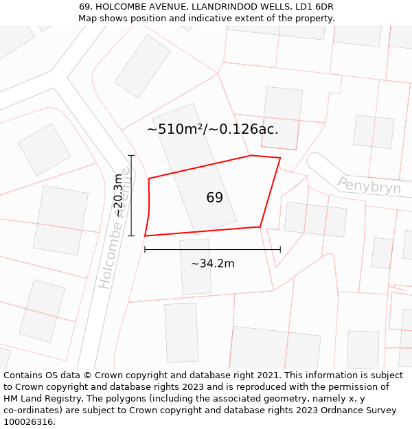 69, HOLCOMBE AVENUE, LLANDRINDOD WELLS, LD1 6DR: Plot and title map