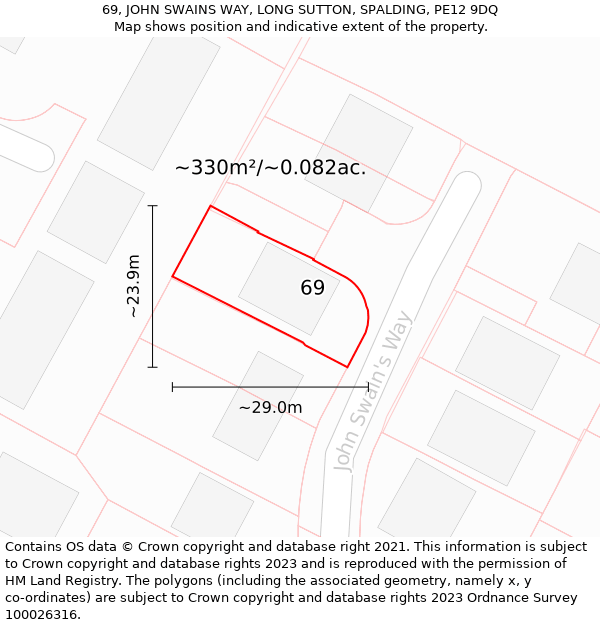 69, JOHN SWAINS WAY, LONG SUTTON, SPALDING, PE12 9DQ: Plot and title map