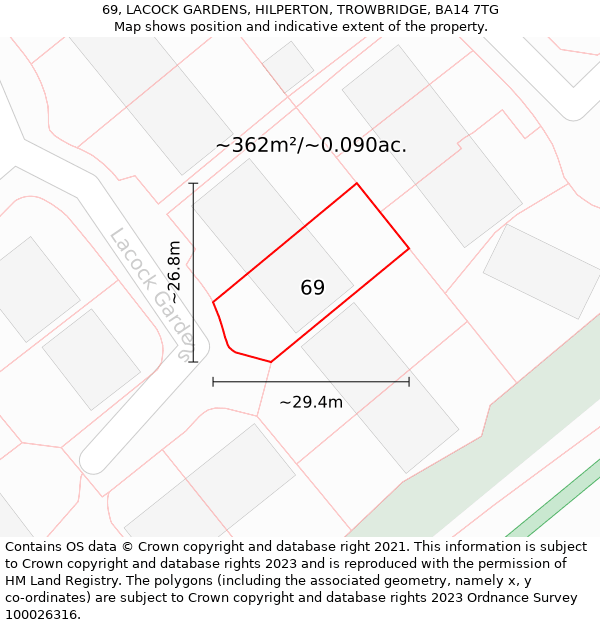 69, LACOCK GARDENS, HILPERTON, TROWBRIDGE, BA14 7TG: Plot and title map