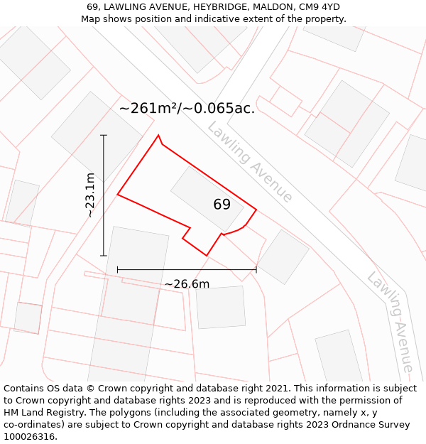 69, LAWLING AVENUE, HEYBRIDGE, MALDON, CM9 4YD: Plot and title map