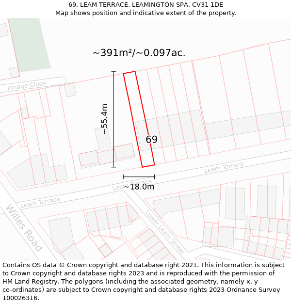 69, LEAM TERRACE, LEAMINGTON SPA, CV31 1DE: Plot and title map