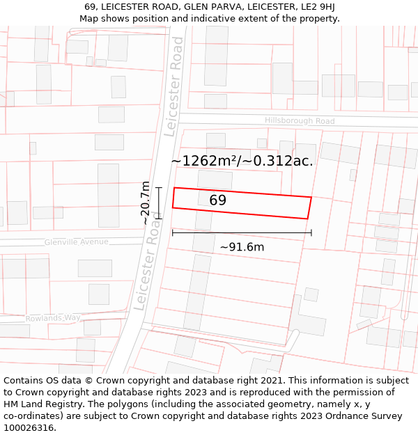 69, LEICESTER ROAD, GLEN PARVA, LEICESTER, LE2 9HJ: Plot and title map