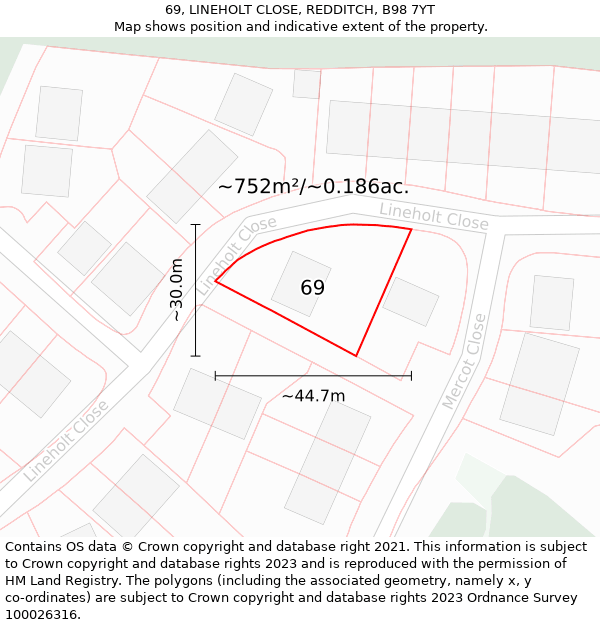 69, LINEHOLT CLOSE, REDDITCH, B98 7YT: Plot and title map