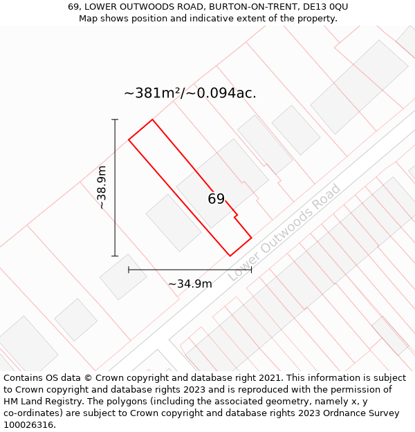 69, LOWER OUTWOODS ROAD, BURTON-ON-TRENT, DE13 0QU: Plot and title map