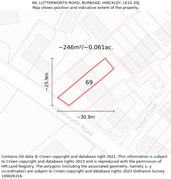 69, LUTTERWORTH ROAD, BURBAGE, HINCKLEY, LE10 2DJ: Plot and title map