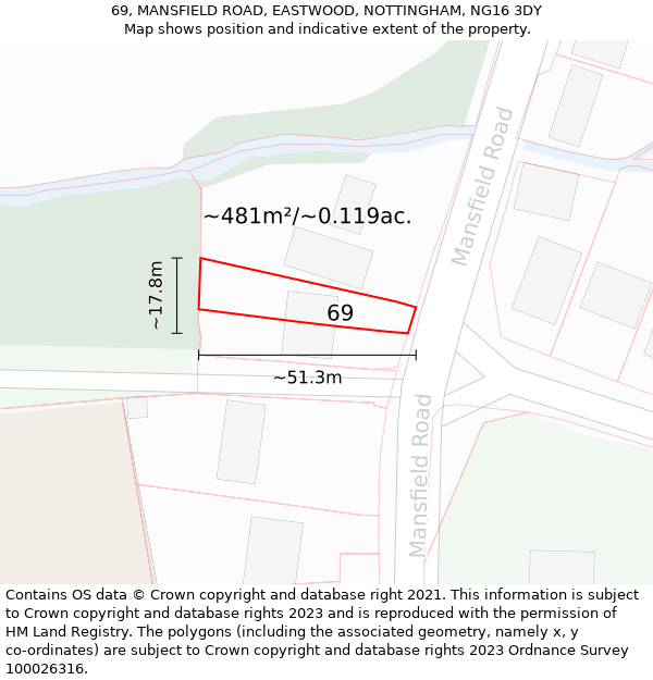 69, MANSFIELD ROAD, EASTWOOD, NOTTINGHAM, NG16 3DY: Plot and title map