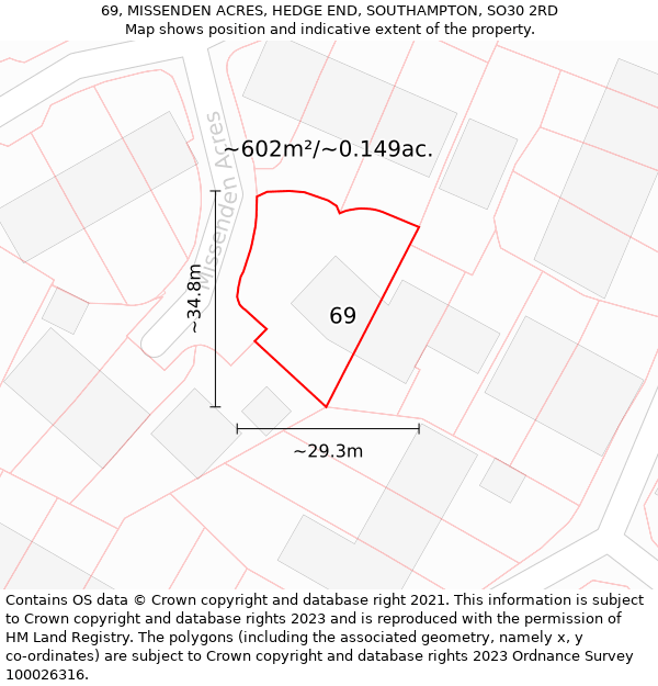 69, MISSENDEN ACRES, HEDGE END, SOUTHAMPTON, SO30 2RD: Plot and title map