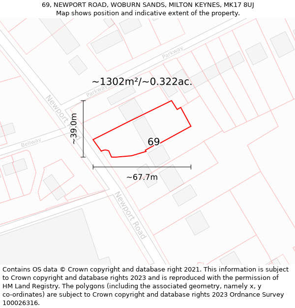 69, NEWPORT ROAD, WOBURN SANDS, MILTON KEYNES, MK17 8UJ: Plot and title map