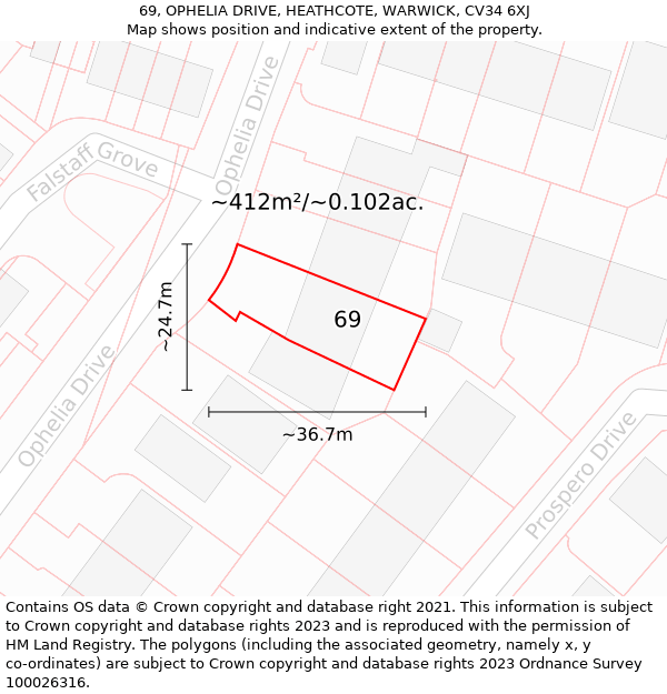 69, OPHELIA DRIVE, HEATHCOTE, WARWICK, CV34 6XJ: Plot and title map