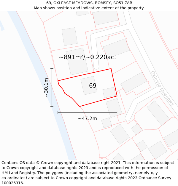 69, OXLEASE MEADOWS, ROMSEY, SO51 7AB: Plot and title map