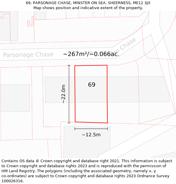 69, PARSONAGE CHASE, MINSTER ON SEA, SHEERNESS, ME12 3JX: Plot and title map