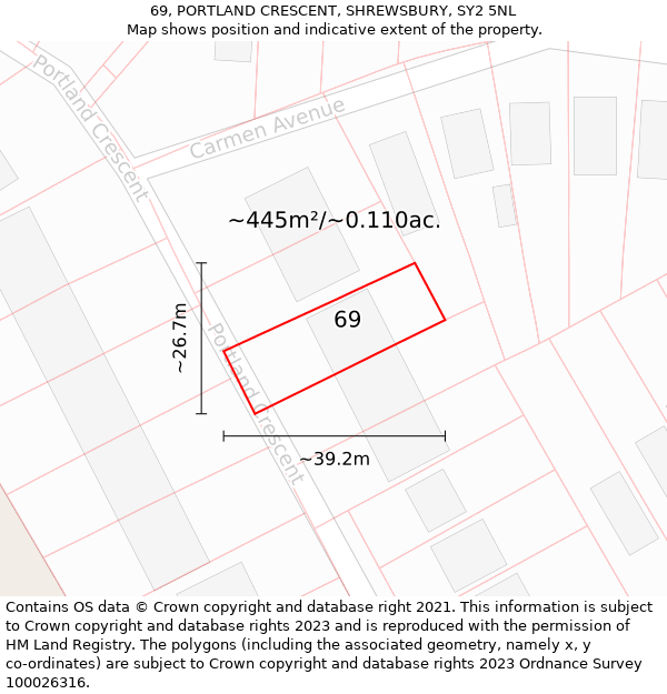 69, PORTLAND CRESCENT, SHREWSBURY, SY2 5NL: Plot and title map