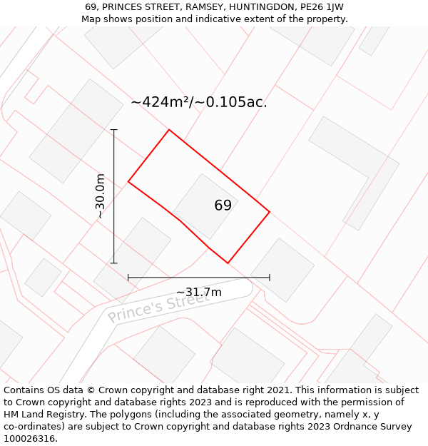 69, PRINCES STREET, RAMSEY, HUNTINGDON, PE26 1JW: Plot and title map