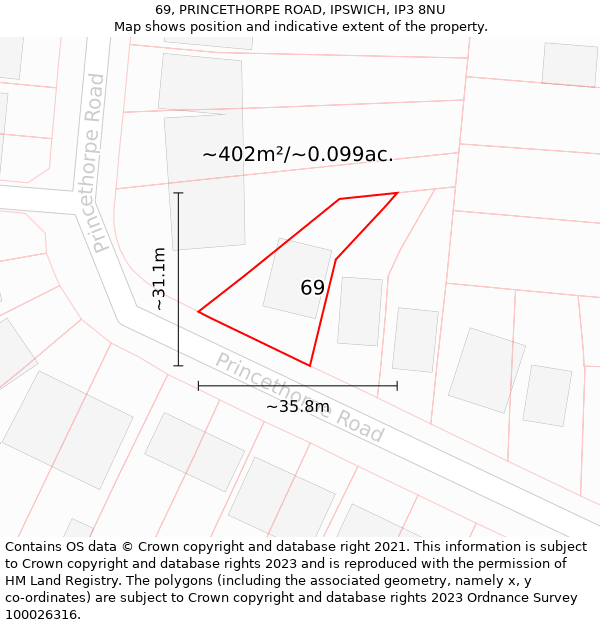 69, PRINCETHORPE ROAD, IPSWICH, IP3 8NU: Plot and title map