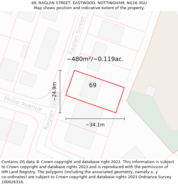 69, RAGLAN STREET, EASTWOOD, NOTTINGHAM, NG16 3GU: Plot and title map