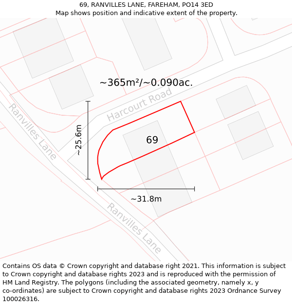 69, RANVILLES LANE, FAREHAM, PO14 3ED: Plot and title map